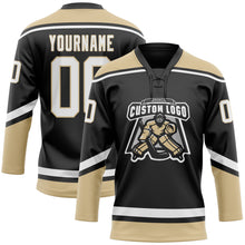 Load image into Gallery viewer, Custom Black White-Old Gold Hockey Lace Neck Jersey
