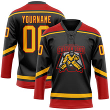 Load image into Gallery viewer, Custom Black Gold-Red Hockey Lace Neck Jersey
