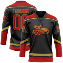 Load image into Gallery viewer, Custom Black Red-Old Gold Hockey Lace Neck Jersey
