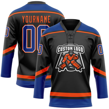 Custom Black Royal-Orange Hockey Lace Neck Jersey