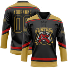 Load image into Gallery viewer, Custom Black Old Gold-Red Hockey Lace Neck Jersey

