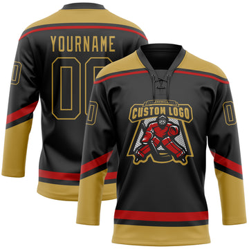 Custom Black Old Gold-Red Hockey Lace Neck Jersey