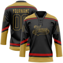 Load image into Gallery viewer, Custom Black Old Gold-Red Hockey Lace Neck Jersey

