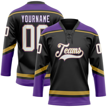 Custom Black White Old Gold-Purple Hockey Lace Neck Jersey