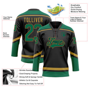Custom Black Kelly Green-Old Gold Hockey Lace Neck Jersey