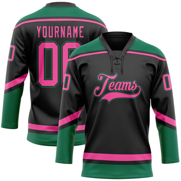 Custom Black Pink-Kelly Green Hockey Lace Neck Jersey