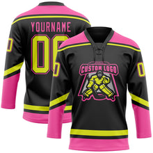 Load image into Gallery viewer, Custom Black Neon Yellow-Pink Hockey Lace Neck Jersey
