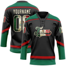 Load image into Gallery viewer, Custom Black Vintage Mexican Flag Cream Kelly Green-Red Hockey Lace Neck Jersey
