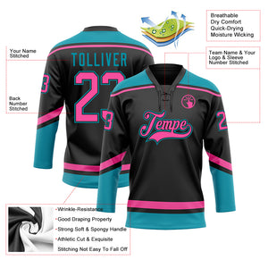 Custom Black Pink-Teal Hockey Lace Neck Jersey