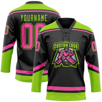 Custom Black Pink-Neon Green Hockey Lace Neck Jersey