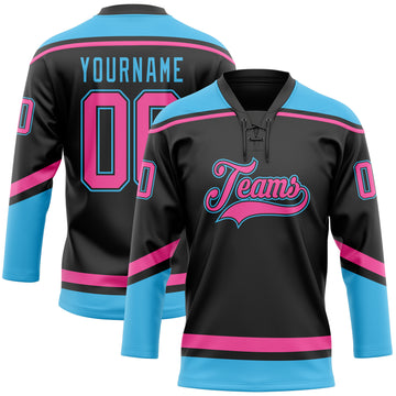 Custom Black Pink-Sky Blue Hockey Lace Neck Jersey