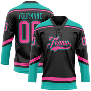 Custom Black Pink-Aqua Hockey Lace Neck Jersey