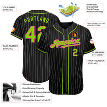 Load image into Gallery viewer, Custom Black White Pinstripe Neon Green-Pink Authentic Baseball Jersey
