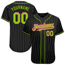 Load image into Gallery viewer, Custom Black White Pinstripe Neon Green-Pink Authentic Baseball Jersey
