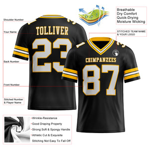 Custom Black White-Gold Mesh Authentic Football Jersey