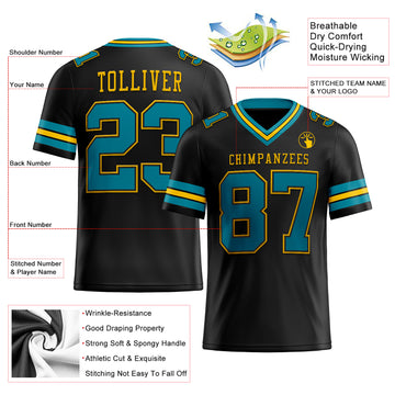 Custom Black Teal-Yellow Mesh Authentic Football Jersey