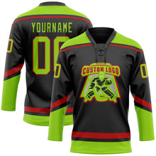 Load image into Gallery viewer, Custom Black Neon Green-Red Hockey Lace Neck Jersey
