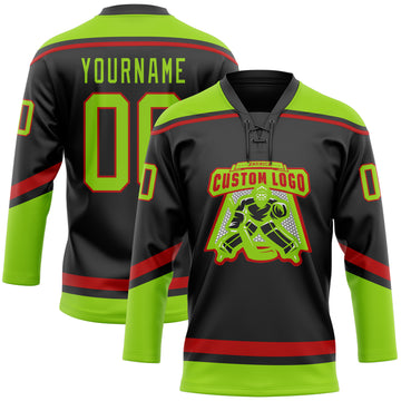 Custom Black Neon Green-Red Hockey Lace Neck Jersey