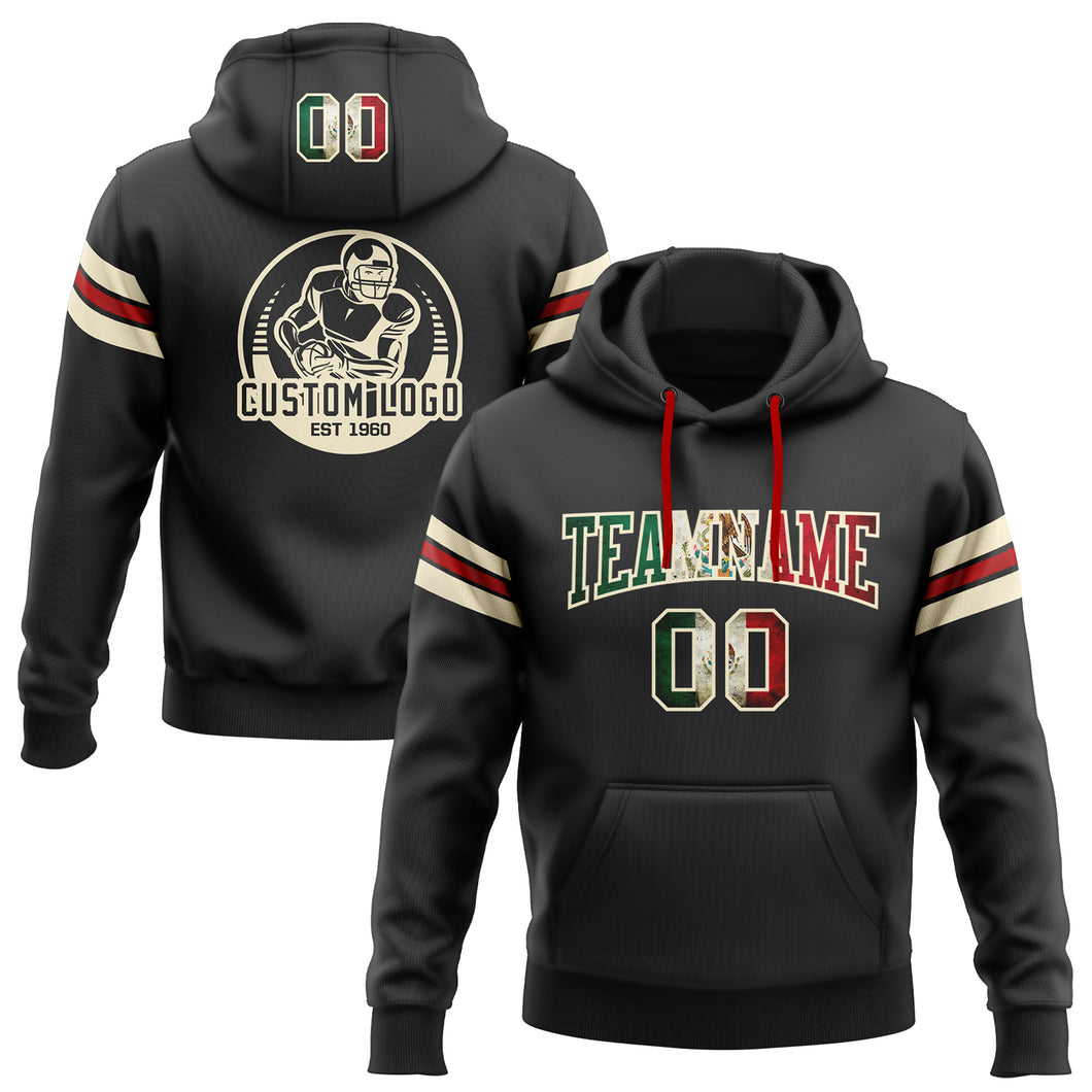 Custom Stitched Black Vintage Mexican Flag Cream-Red Football Pullover Sweatshirt Hoodie