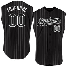 Load image into Gallery viewer, Custom Black White Pinstripe Gold Authentic Sleeveless Baseball Jersey

