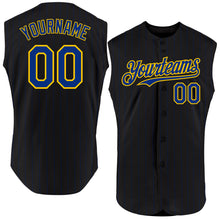 Load image into Gallery viewer, Custom Black Royal Pinstripe Old Gold Authentic Sleeveless Baseball Jersey
