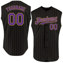 Load image into Gallery viewer, Custom Black Old Gold Pinstripe Purple Authentic Sleeveless Baseball Jersey

