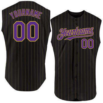 Custom Black Old Gold Pinstripe Purple Authentic Sleeveless Baseball Jersey