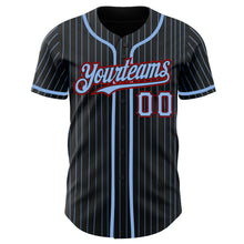 Load image into Gallery viewer, Custom Black Light Blue Pinstripe Red Authentic Baseball Jersey
