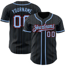 Load image into Gallery viewer, Custom Black Light Blue Pinstripe Red Authentic Baseball Jersey
