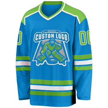 Custom Blue Neon Green-White Hockey Jersey