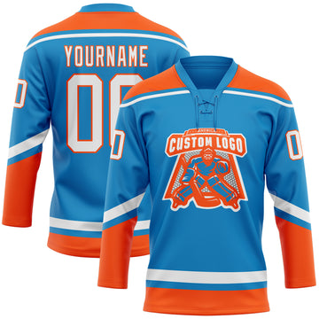Custom Blue White-Orange Hockey Lace Neck Jersey