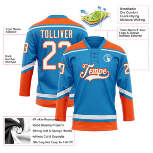 Custom Blue White-Orange Hockey Lace Neck Jersey