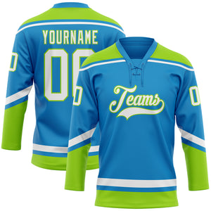 Custom Blue White-Neon Green Hockey Lace Neck Jersey