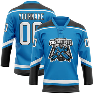 Custom Blue White-Black Hockey Lace Neck Jersey