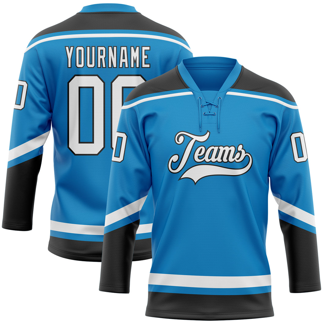 Custom Blue White-Black Hockey Lace Neck Jersey