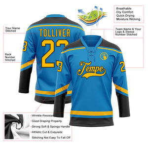 Custom Blue Gold-Black Hockey Lace Neck Jersey