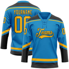 Load image into Gallery viewer, Custom Blue Gold-Black Hockey Lace Neck Jersey
