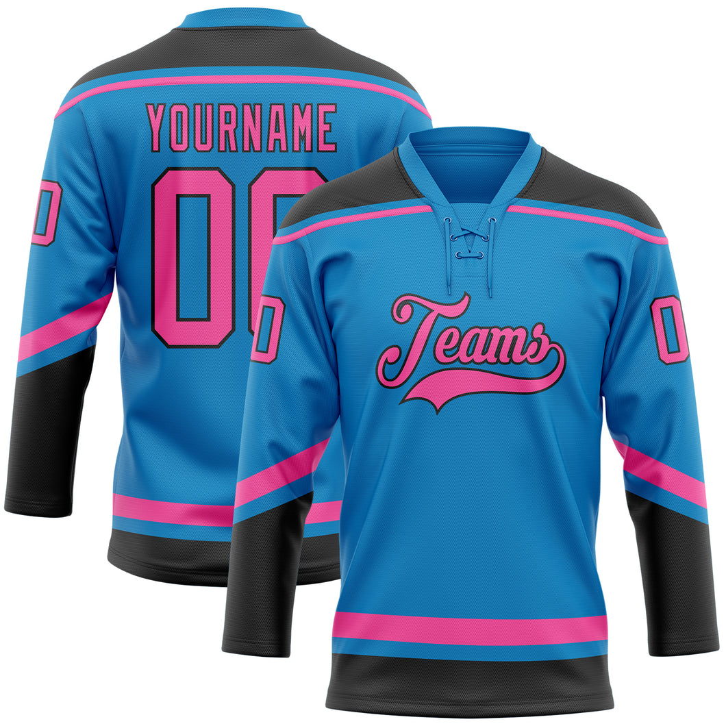 Custom Blue Pink-Black Hockey Lace Neck Jersey