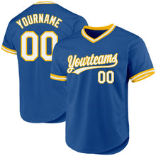 Load image into Gallery viewer, Custom Blue White-Gold Authentic Throwback Baseball Jersey
