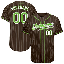 Load image into Gallery viewer, Custom Brown White Pinstripe Neon Green-White Authentic Baseball Jersey
