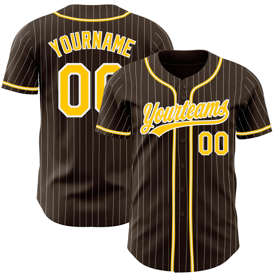 Custom Brown White Pinstripe Gold Authentic Baseball Jersey