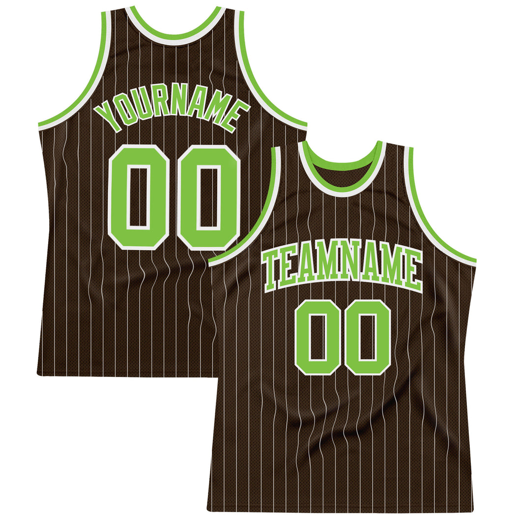 Custom Brown White Pinstripe Neon Green Authentic Basketball Jersey