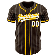 Load image into Gallery viewer, Custom Brown White Pinstripe Yellow Authentic Baseball Jersey
