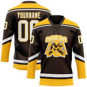 Custom Brown White-Gold Hockey Lace Neck Jersey