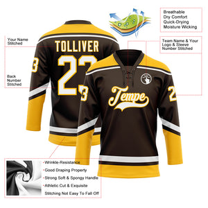 Custom Brown White-Gold Hockey Lace Neck Jersey