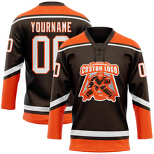 Load image into Gallery viewer, Custom Brown White-Orange Hockey Lace Neck Jersey
