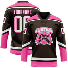 Load image into Gallery viewer, Custom Brown White-Pink Hockey Lace Neck Jersey
