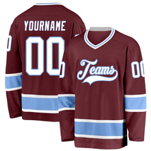 Load image into Gallery viewer, Custom Burgundy White-Light Blue Hockey Jersey
