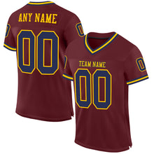 Load image into Gallery viewer, Custom Burgundy Navy-Gold Mesh Authentic Throwback Football Jersey
