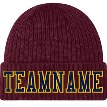 Load image into Gallery viewer, Custom Burgundy Navy-Gold Stitched Cuffed Knit Hat

